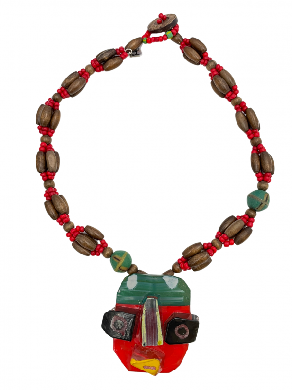 red and green glass mask wooden beads and red glass