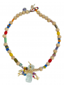 necklace with transparent glass pendant, raffia and multicoloured pearls